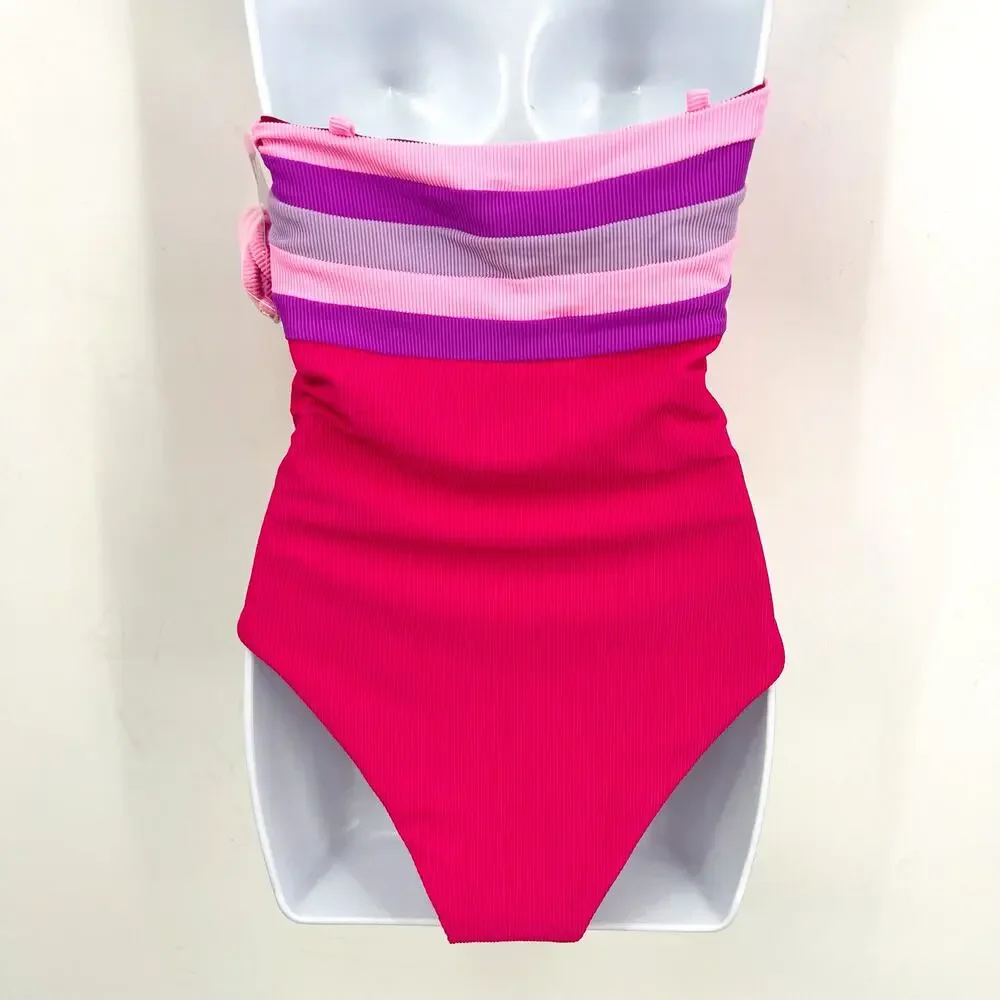 BEACH RIOT Jessa Bandeau One Piece Swimsuit Small Pink Raspberry Colorblock NWT - Picture 6 of 12